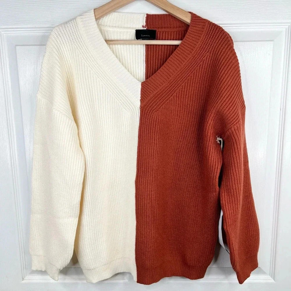 Lumiere V-Neck Color Block Pullover Sweater Size M Cream and Rust Brown - Picture 2 of 10